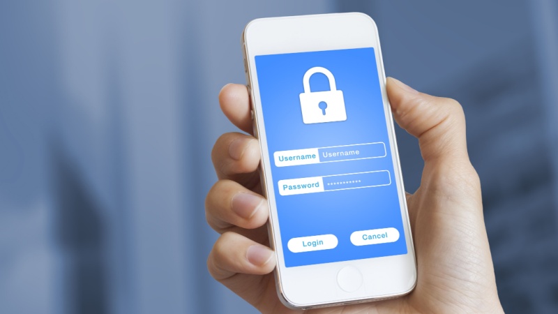 Smartphone in mano con user e password